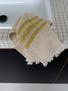 small natural linen guest towel with yellow stripes by Libeco
