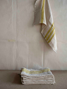 pile of Belgian linen towel by Libeco in beige and yellow
